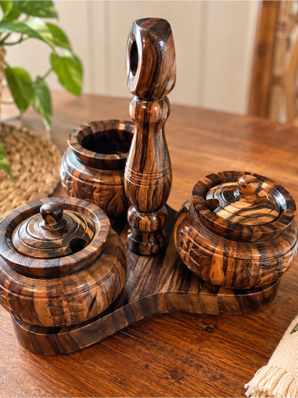 Vintage Tiki Wooden Condiment Set